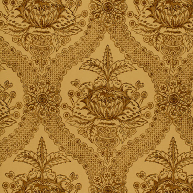 Haddon Hall Damask wallpaper in Umber by Schumacher, featuring a classic damask pattern in warm brown tones.