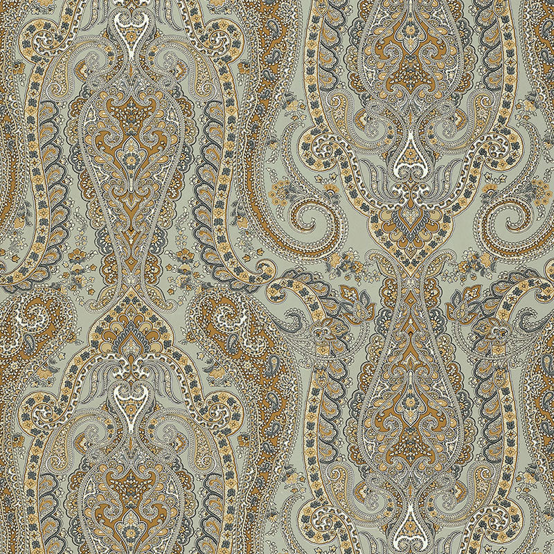 Isabella Paisley Mineral wallpaper with intricate paisley pattern in gold, grey, and white tones by Schumacher
