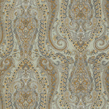 Isabella Paisley Mineral wallpaper with intricate paisley pattern in gold, grey, and white tones by Schumacher