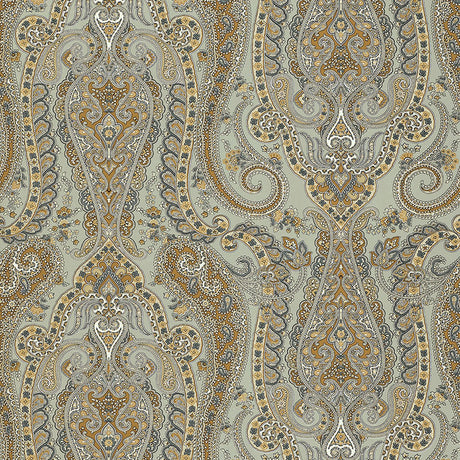Isabella Paisley Mineral wallpaper with intricate paisley pattern in gold, grey, and white tones by Schumacher