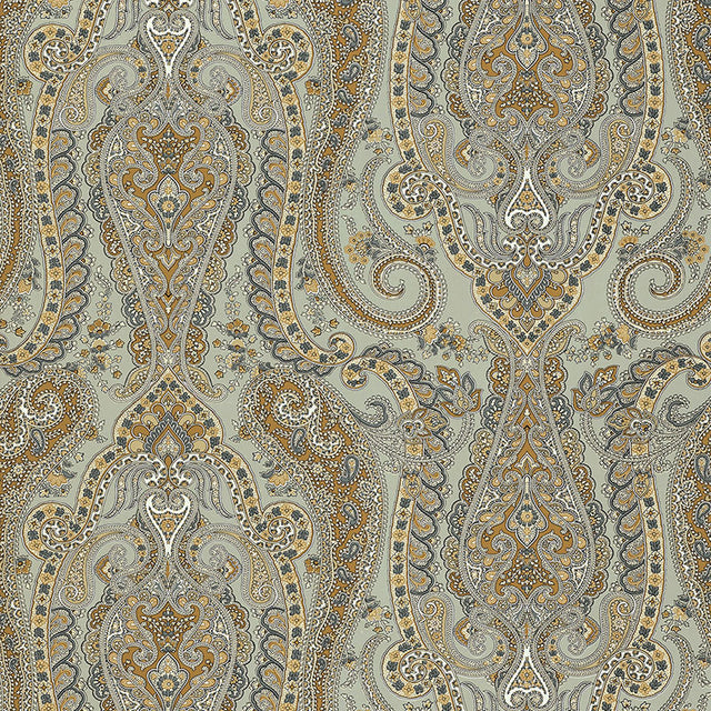 Isabella Paisley Mineral wallpaper with intricate paisley pattern in gold, grey, and white tones by Schumacher