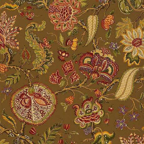 Chalfont Fawn by Schumacher - Hand-screened floral wallpaper in brown and multicolor botanical pattern
