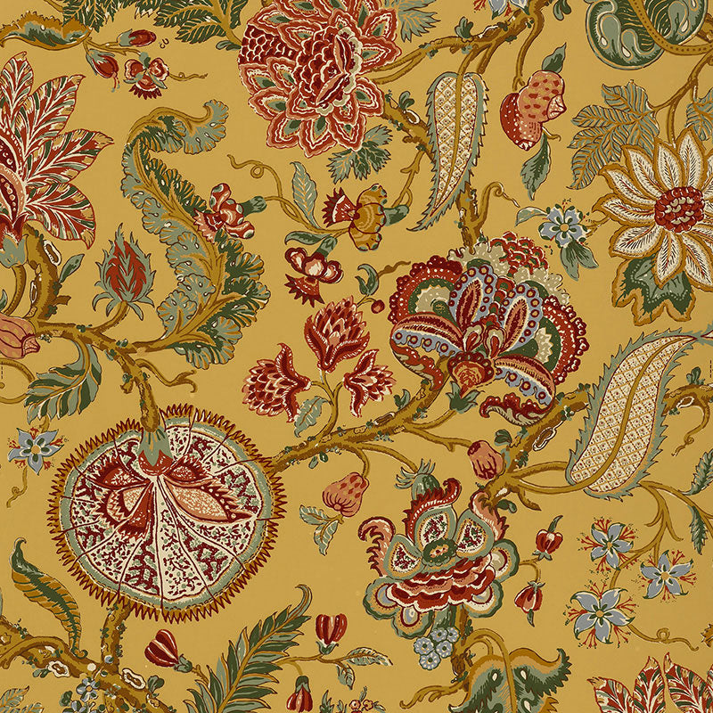 Chalfont Sunflower by Schumacher – Hand-screened floral wallpaper in yellow, red, and green on a sunflower background.