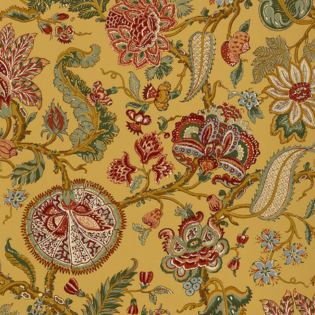Chalfont Sunflower by Schumacher – Hand-screened floral wallpaper in yellow, red, and green on a sunflower background.