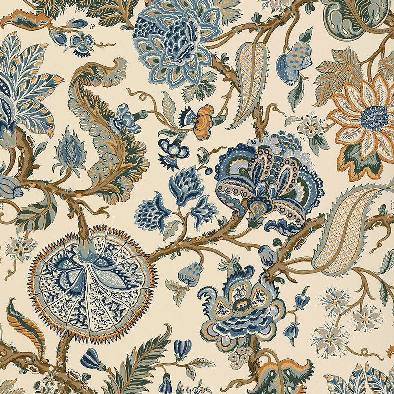 Chalfont Porcelain by Schumacher - Hand-screened floral wallpaper in blue, gold, and cream from The Library Collection