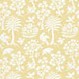 Palm Damask Sunlight wallpaper by Schumacher, featuring a whimsical damask pattern with palm trees, birds, and animals in white on a yellow background.