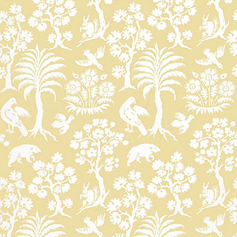 Palm Damask Sunlight wallpaper by Schumacher, featuring a whimsical damask pattern with palm trees, birds, and animals in white on a yellow background.