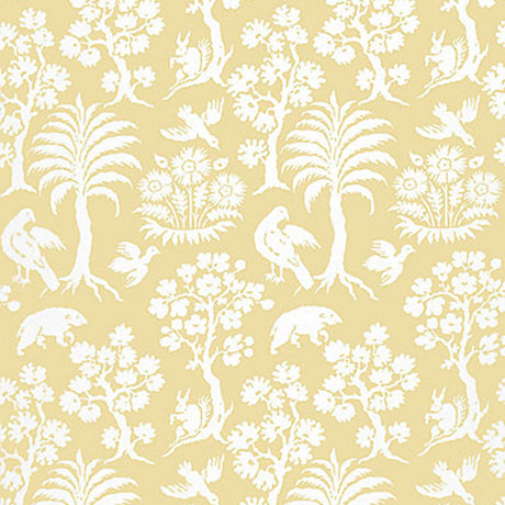 Palm Damask Sunlight wallpaper by Schumacher, featuring a whimsical damask pattern with palm trees, birds, and animals in white on a yellow background.