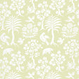 Palm Damask Willow wallpaper with a whimsical damask pattern of white animals, birds, and palm trees on a light green background.