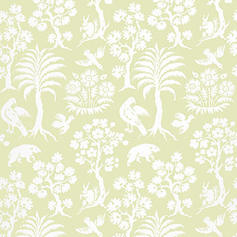 Palm Damask Willow wallpaper with a whimsical damask pattern of white animals, birds, and palm trees on a light green background.