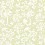 Palm Damask Willow wallpaper with a whimsical damask pattern of white animals, birds, and palm trees on a light green background.