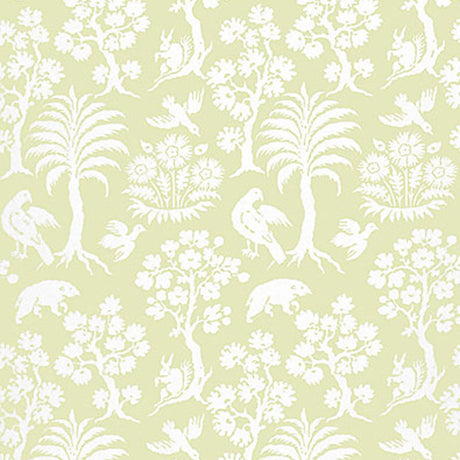 Palm Damask Willow wallpaper with a whimsical damask pattern of white animals, birds, and palm trees on a light green background.
