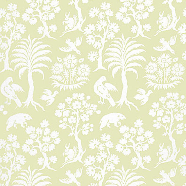 Palm Damask Willow wallpaper with a whimsical damask pattern of white animals, birds, and palm trees on a light green background.