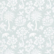 Palm Damask wallpaper in Sky by Schumacher, featuring a whimsical damask pattern with palm trees, birds, and animals in white on a pale blue background.