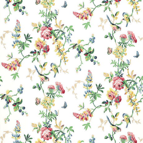 Chickadee Floral wallpaper by Schumacher featuring colorful birds, butterflies, and flowers on a white background, shown in a nursery setting.