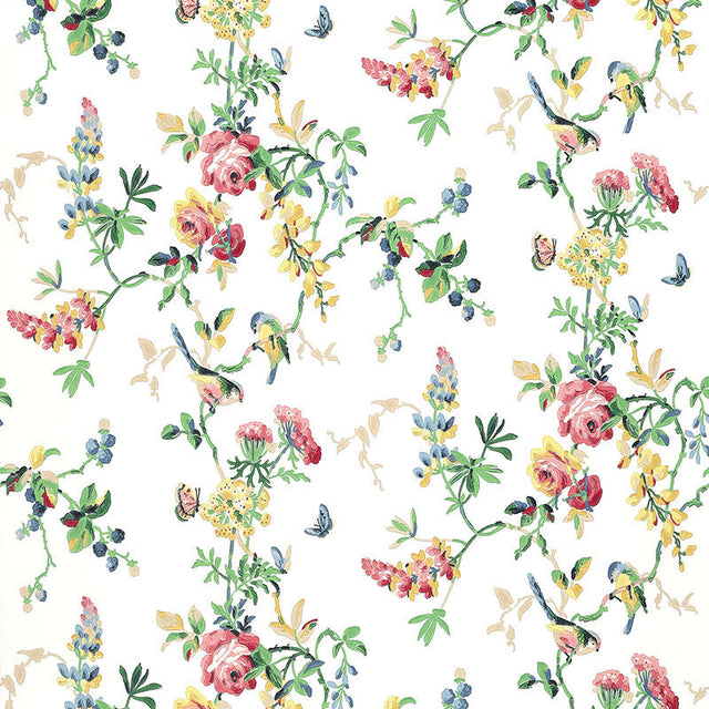 Chickadee Floral wallpaper by Schumacher featuring colorful birds, butterflies, and flowers on a white background, shown in a nursery setting.