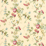 Chickadee Floral wallpaper in Vanilla by Schumacher featuring colorful flowers, birds, and butterflies on a light background.