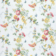 Chickadee Floral wallpaper in Sky by Schumacher, featuring colorful birds and flowers on a light background.