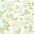 Whitney Floral wallpaper in aqua by Schumacher, featuring large-scale Chinoiserie-inspired blossoms and green leaves on a light blue background.