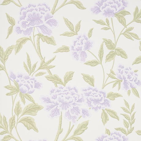 Whitney Floral wallpaper in lavender with large-scale Chinoiserie-inspired blossoms and green leaves by Schumacher.