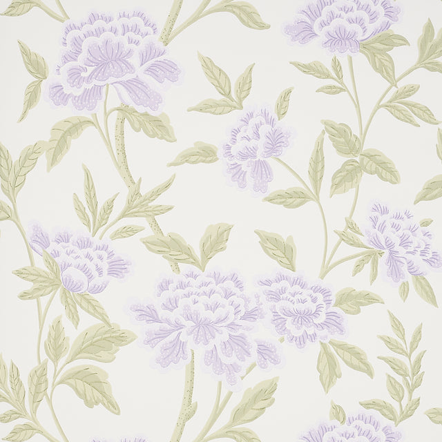 Whitney Floral wallpaper in lavender with large-scale Chinoiserie-inspired blossoms and green leaves by Schumacher.
