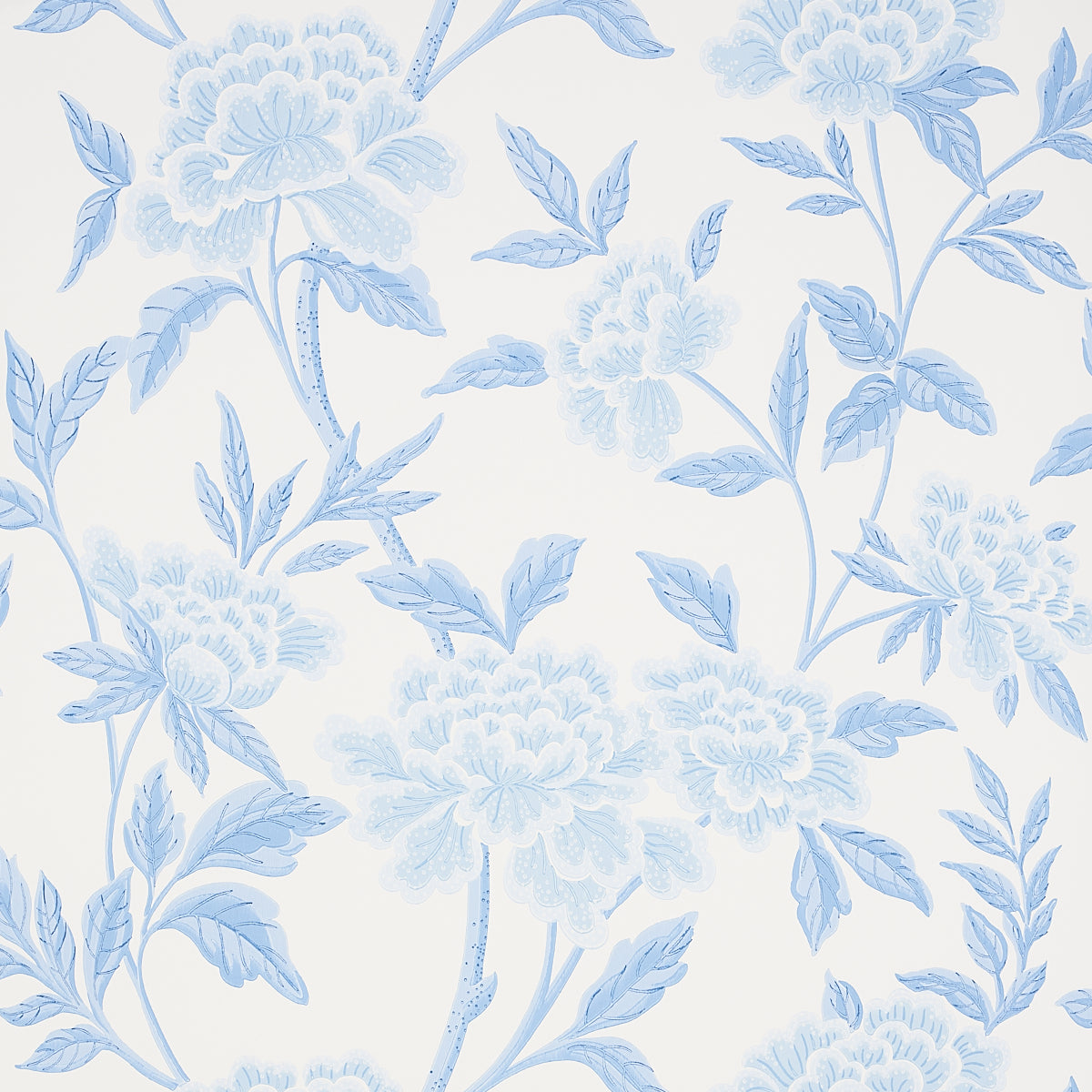 Whitney Floral wallpaper in blue by Schumacher, featuring large-scale Chinoiserie-inspired blossoms and delicate dot details.