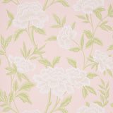Whitney Floral blush wallpaper with large-scale Chinoiserie-inspired blossoms and green leaves on a pink background.