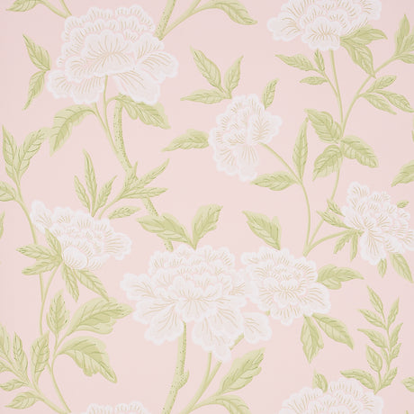 Whitney Floral blush wallpaper with large-scale Chinoiserie-inspired blossoms and green leaves on a pink background.