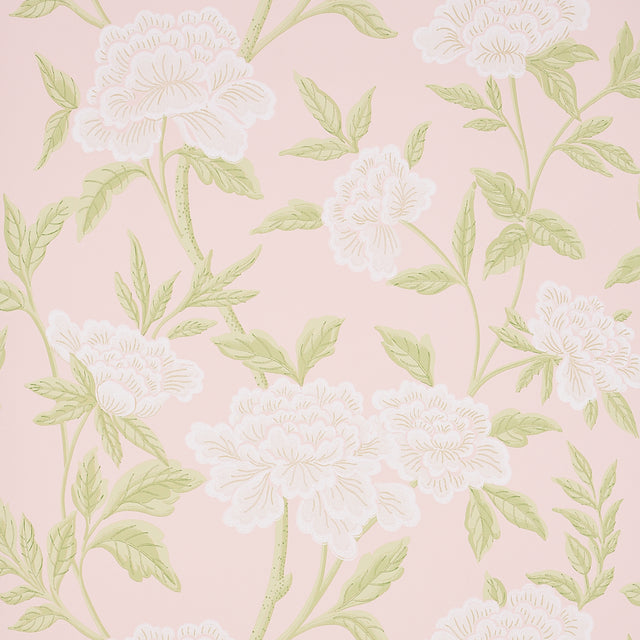 Whitney Floral blush wallpaper with large-scale Chinoiserie-inspired blossoms and green leaves on a pink background.