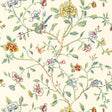 Annabelle Vine wallpaper by Schumacher features a surface-printed floral and vine pattern with birds in multicolor on a light background.