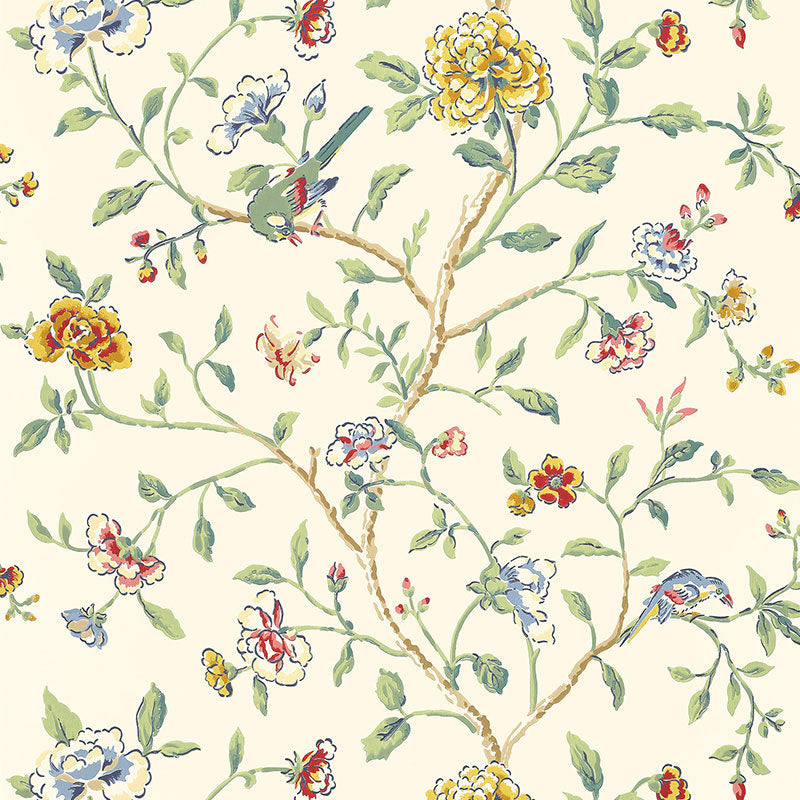 Annabelle Vine wallpaper by Schumacher features a surface-printed floral and vine pattern with birds in multicolor on a light background.