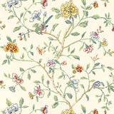 Annabelle Vine wallpaper by Schumacher features a surface-printed floral and vine pattern with birds in multicolor on a light background.