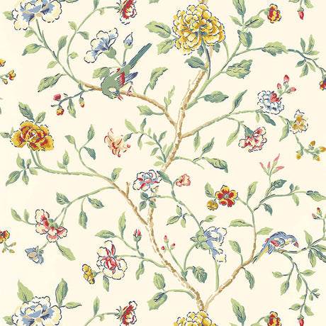 Annabelle Vine wallpaper by Schumacher features a surface-printed floral and vine pattern with birds in multicolor on a light background.