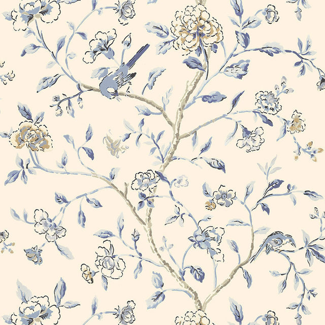 Annabelle Vine wallpaper in Porcelain by Schumacher, featuring a delicate floral and bird pattern in blue and beige tones.