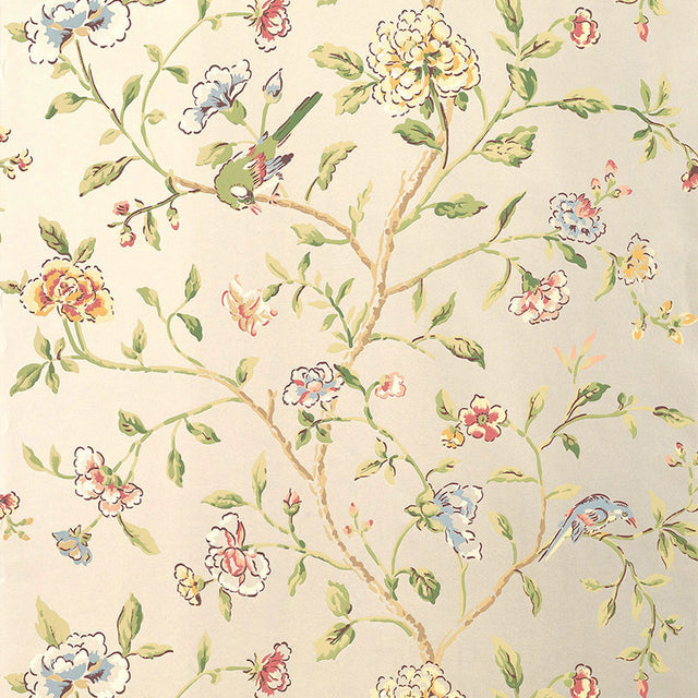 Annabelle Vine Pewter floral and bird wallpaper by Schumacher