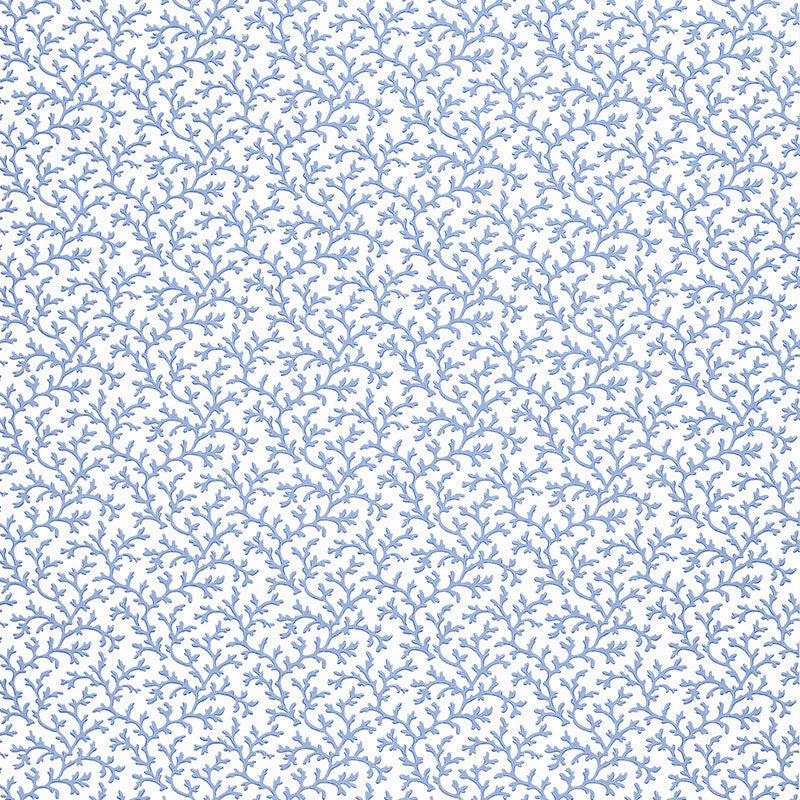 Coral Vine Ocean wallpaper by Schumacher, featuring a blue and white botanical vine pattern.