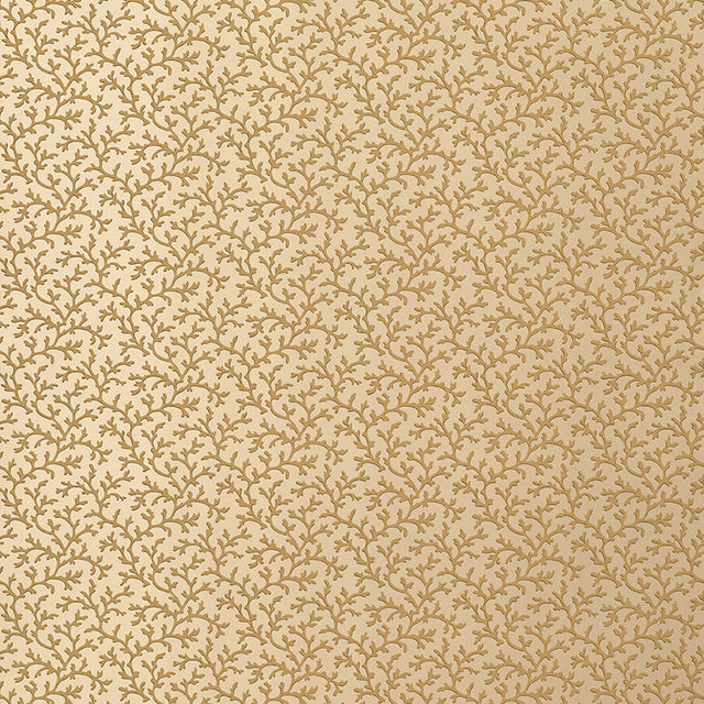 Burnished gold coral vine wallpaper with intricate botanical pattern on a neutral background.