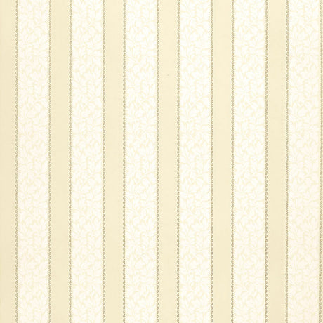 Wallis Stripe wallpaper in Bone by Schumacher features alternating solid and floral bands with decorative edging in a soft neutral palette.