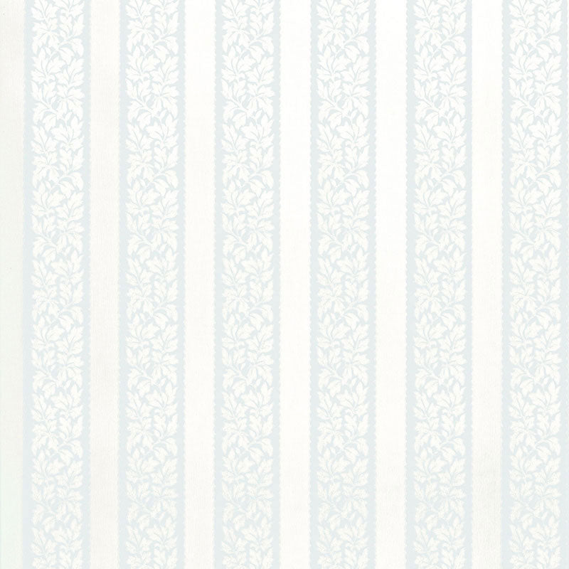 Wallis Stripe wallpaper in Cloud by Schumacher, featuring alternating solid and floral bands with decorative edging.