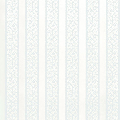 Wallis Stripe wallpaper in Cloud by Schumacher, featuring alternating solid and floral bands with decorative edging.