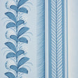 Hydrangea Drape wallpaper in Delft blue and white, featuring large-scale floral stripes and ornate borders, styled in various elegant interiors.