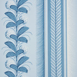 Hydrangea Drape wallpaper in Delft blue and white, featuring large-scale floral stripes and ornate borders, styled in various elegant interiors.