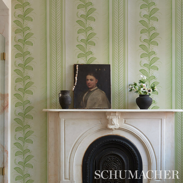 Hydrangea Drape Green by Schumacher Hobe Erwin Floral Stripe Wallpaper – Schumacher 5004456