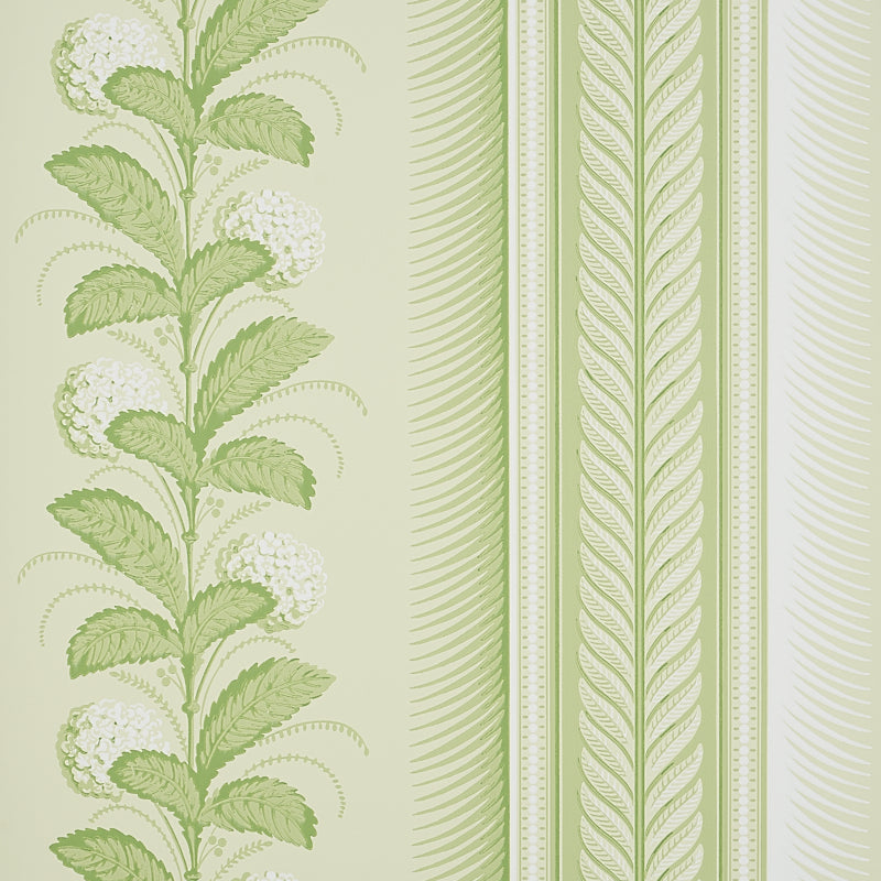 Hydrangea Drape wallpaper in green by Schumacher, featuring large-scale floral stripes and ornate border, designed by Hobe Erwin.