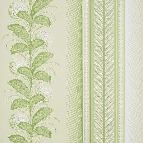 Hydrangea Drape wallpaper in green by Schumacher, featuring large-scale floral stripes and ornate border, designed by Hobe Erwin.