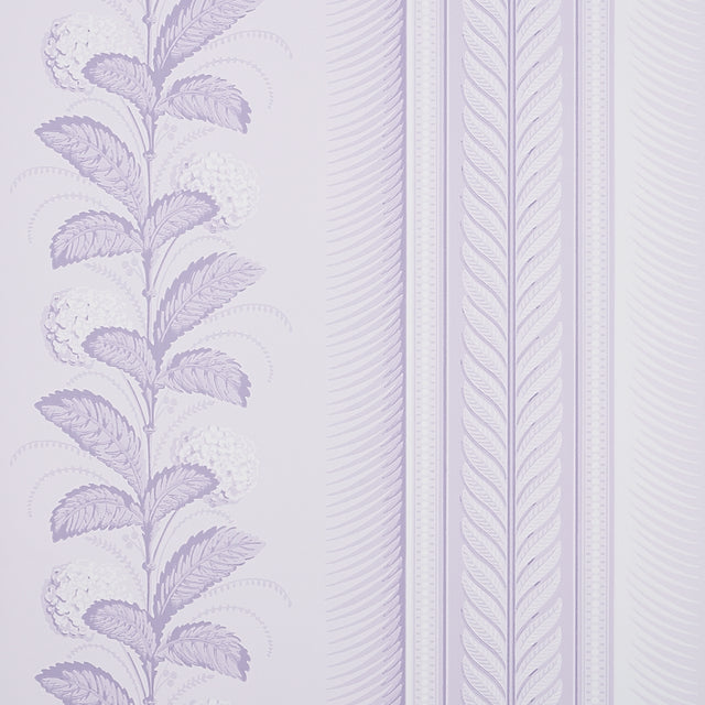 Hydrangea Drape wallpaper in lilac by Schumacher, featuring large-scale floral stripes and ornate border design.