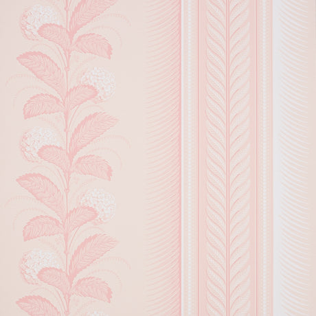 Hydrangea Drape wallpaper in blush by Schumacher, featuring large-scale floral stripes and ornate border, designed by Hobe Erwin.