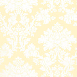 Tierni Damask wallpaper in Buttercup by Schumacher, classic damask pattern in yellow and white.