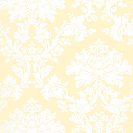 Tierni Damask wallpaper in Buttercup by Schumacher, classic damask pattern in yellow and white.