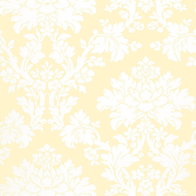 Tierni Damask wallpaper in Buttercup by Schumacher, classic damask pattern in yellow and white.